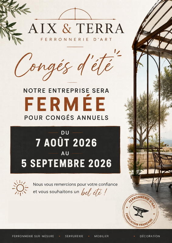 Notre entreprise sera fermée pour congés annuels du 7 août au 5 septembre 2026 inclus. Nous vous souhaitons un très bel été !